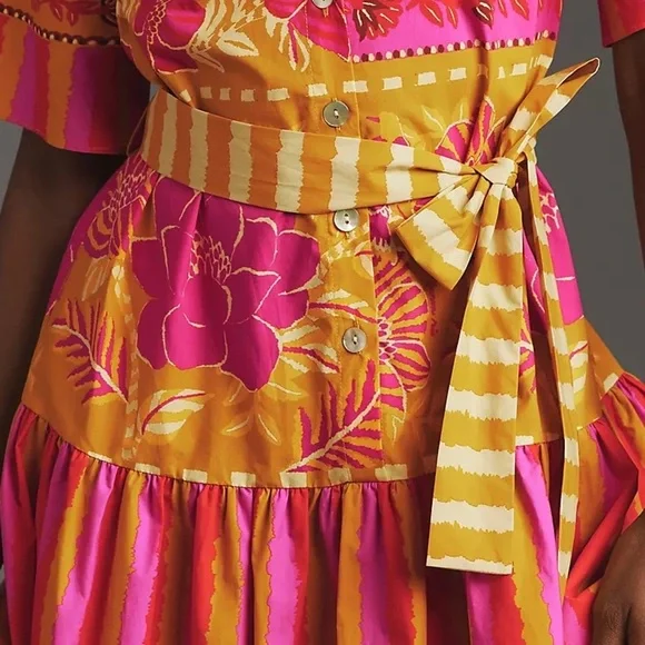 Farm Rio Button Front Tie Waist Midi Shirt Dress Anthropologie Pink Size XS NWT - Picture 5 of 7